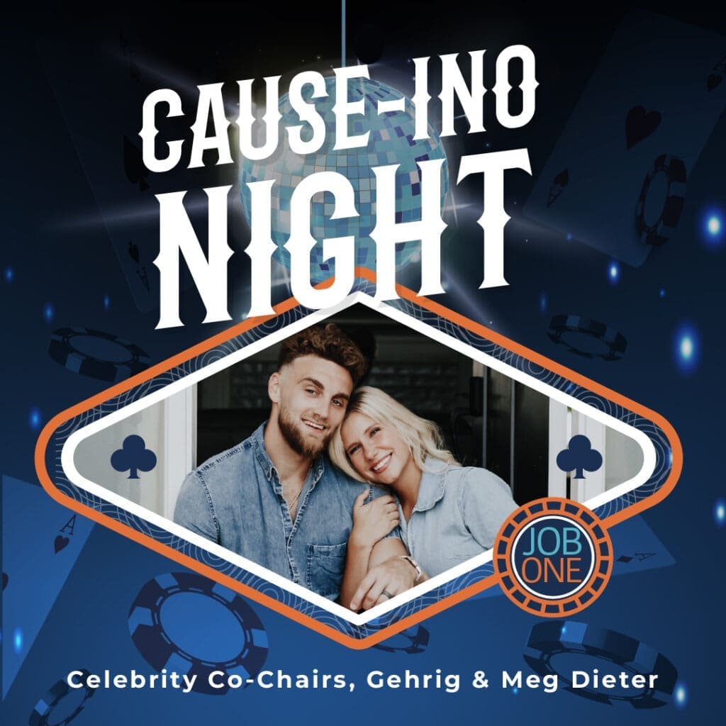 Photo graphic of Meg and Gehrig Dieter announcing they are co-chairs for Cause-ino Night to celebrate Job One