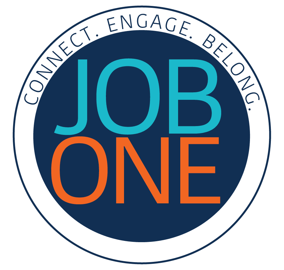 Job One logo with the text Connect Engage Belong around the blue circle
